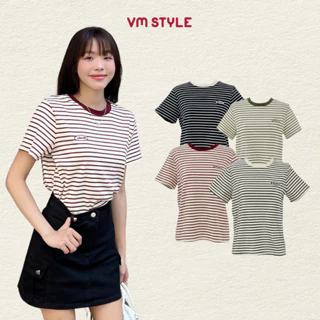 Áo thun nữ VMSTYLE tay ngắn cổ tròn màu sọc thêu chữ Barbie basic thời trang đi học, đi làm ATU00769