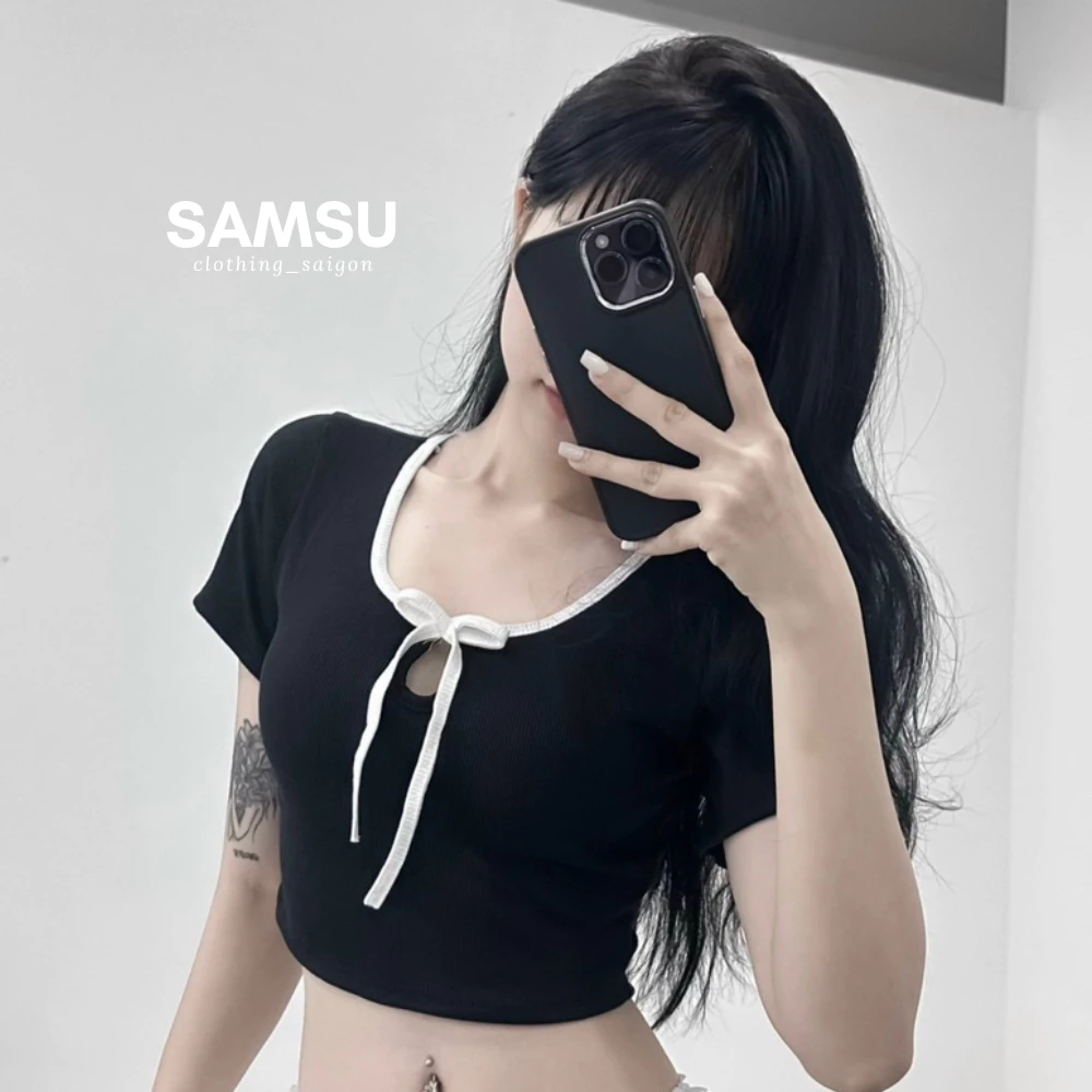 Áo thun croptop nữ cổ vuông kèm dây cột nơ phong cách Hàn Quốc dễ thương Samsu.clothing_saigon