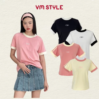 Áo baby tee nữ hình thêu VMSTYLE, Áo thun nữ tay ngắn phối viền nhiều màu đi chơi, đi học 37195 - ATU00567