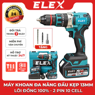 Máy Khoan Pin Elex 199V Không chổi than - Có búa - Khoan 3 chức năng 13mm - Khoan Pin Elex 199V Tặng kèm 3 mũi - Xanh