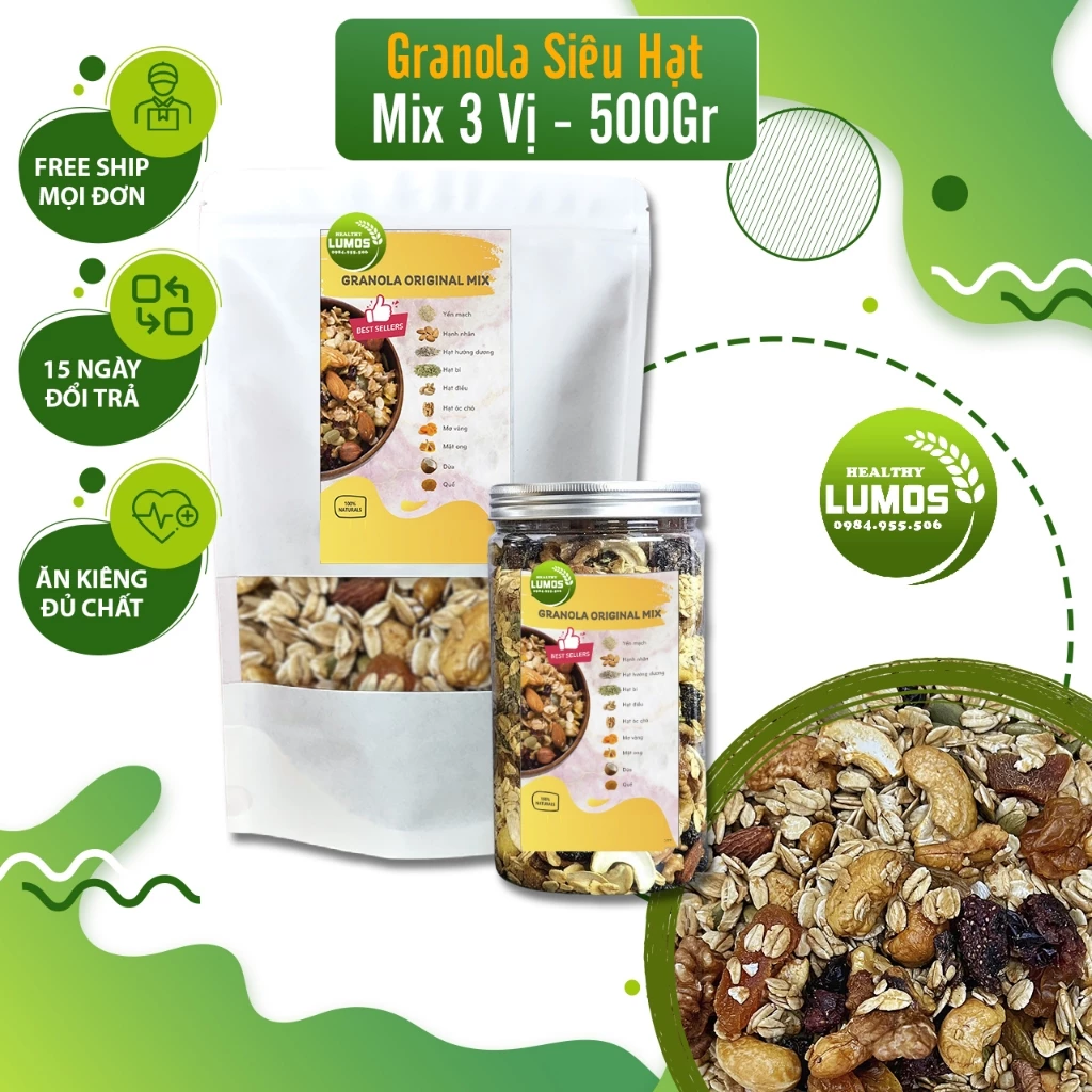 Ngũ Cốc Granola Mix 3 Vị Của Lumos Healthy Foods - Ngũ Cốc Giảm Cân Ăn Kiêng Không Đường