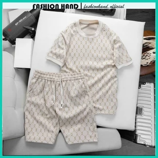 Bộ đồ nam cộc tay cổ tròn phối họa tiết BC siêu xịn, Set đồ nam mùa hè chất vải cotton umi sang chảnh