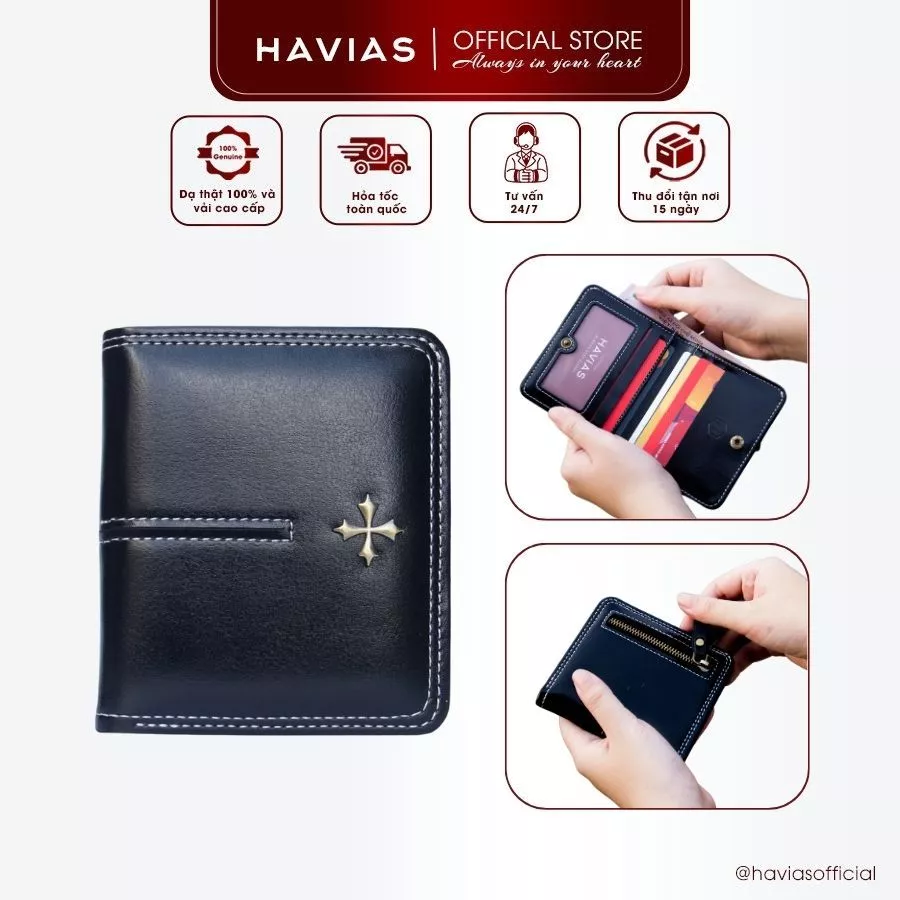 Ví Da Đứng HAVIAS gập đôi khóa kéo trong da bò thật Nappa nhập khẩu PLUX