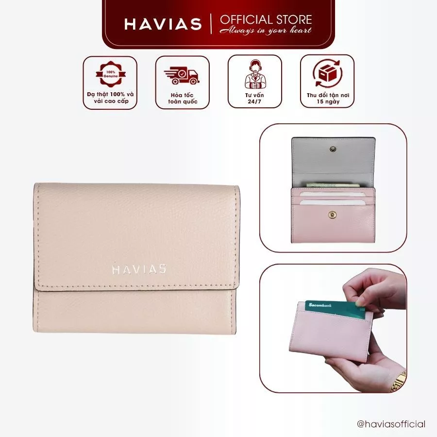 Ví Da HAVIAS Da Bò Saffiano Ý thật 100% ví gấp mini unisex ví da nam nữ LUCY