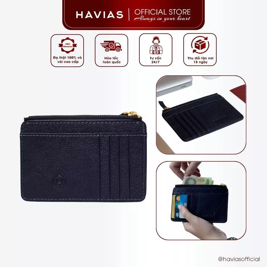 SIMPLE HAVIAS ví mini card có ngăn kéo da Crossgrain thật nhập khẩu 100%