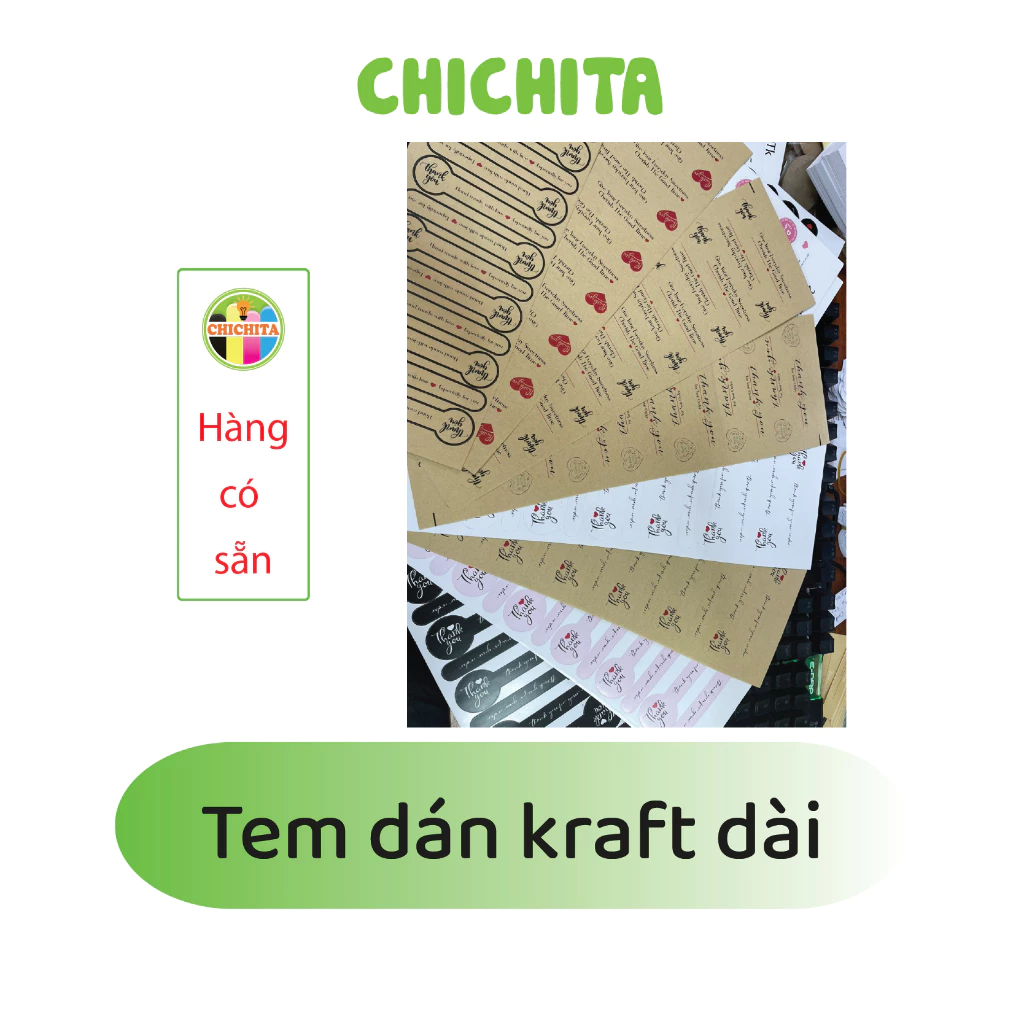 (Có sẵn) 13 Tem dán Kraft dài, tem giấy HANDMADE WITH LOVE - CHICHITA Tem niêm phong,Thank you (10x3cm, 9.5x3cm)