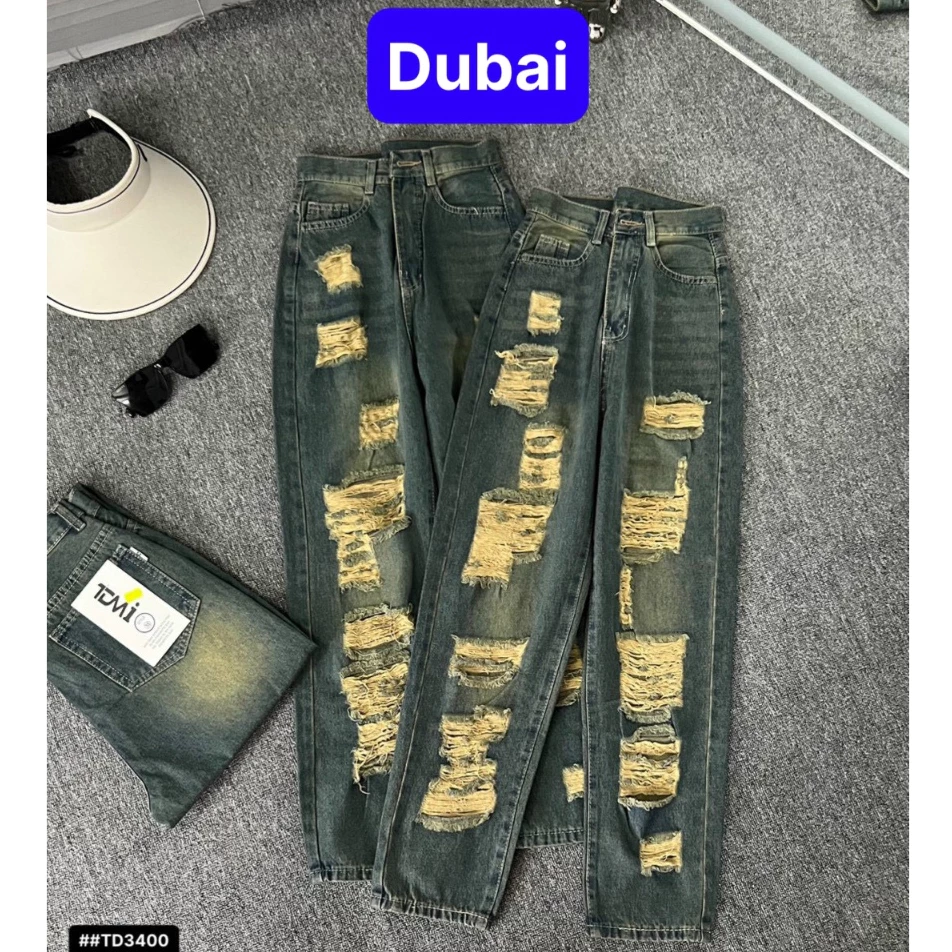 QUẦN JEAN NỮ BAGGY CHẤT BÒ XANH RÁCH LƯNG CAO NÂNG MÔNG PHONG CÁCH SANG CHẢNH - DB 3400- DUBAI FASHION