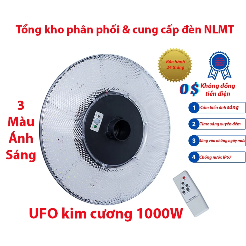 Đèn năng lượng mặt trời UFO kim cương 1000W, Cảm biến chuyển động, Ánh sáng 3 màu