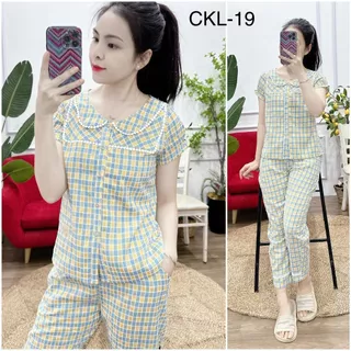 Đồ bộ nữ đồ mặc nhà ren vuông kẻ lông xanh vàng, Bộ pijama nữ cộc tay, Set đồ ngủ nữ mặc nhà mềm mịn thấm hút tốt