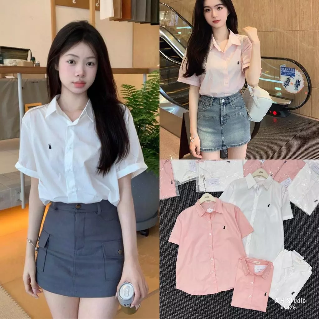 Áo sơ mi kiểu cộc tay thêu hình thỏ dáng vừa SUMIISHOP mã SM01