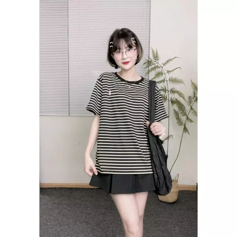 Áo phông kẻ thêu hình ngựa form rộng chất cotton SUMIISHOP mã A05