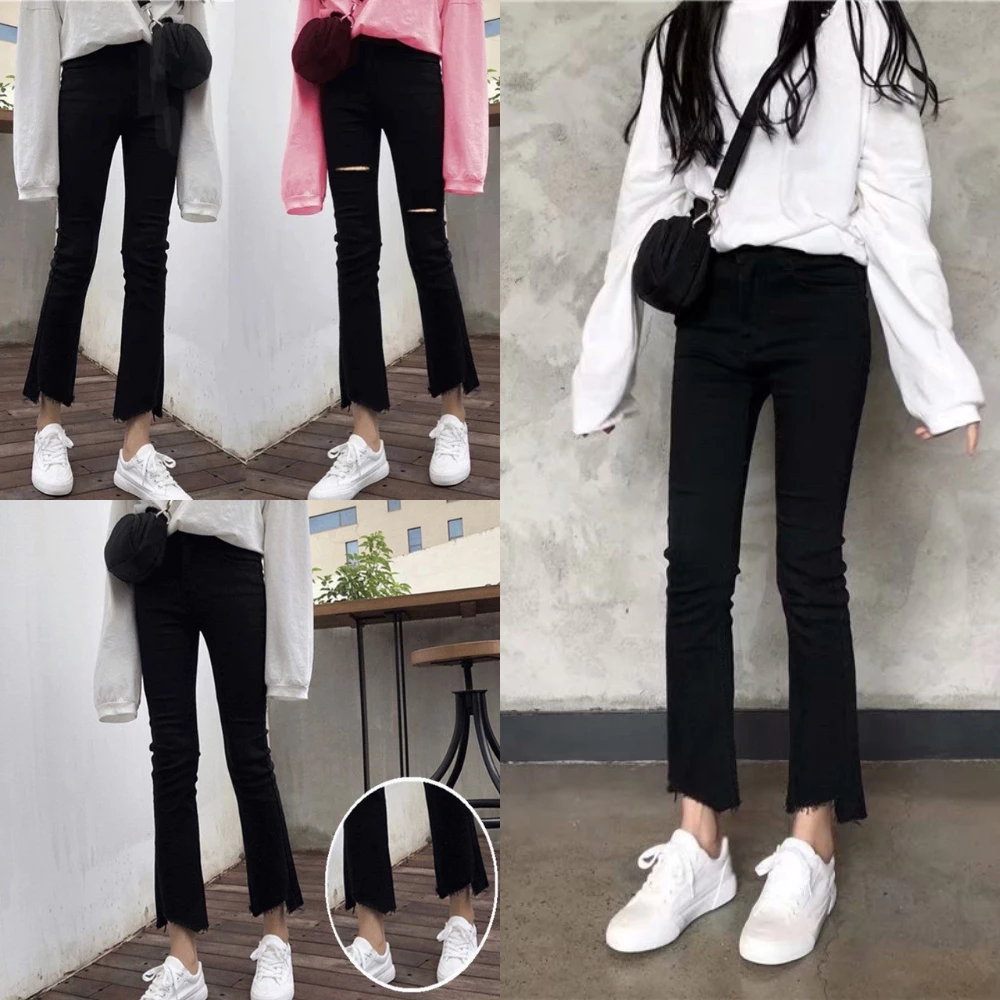 Quần jeans ống loe, quần bò loe nữ rách 2 đùi cạp cao co giãn cao cấp mã QL07