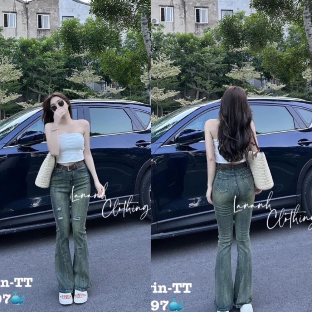 Quần jeans ống loe gân giữa màu khói, quần bò rách đùi cạp cao hot hit kiểu dáng hàn quốc sang trọng mã QL08