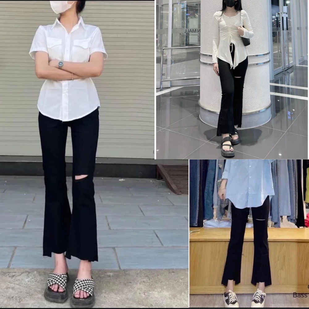 Quần jeans ống loe cắt gấu, quần bò co giãn rách đùi ống loe phong cách hàn quốc,siêu hack giáng mã QL10