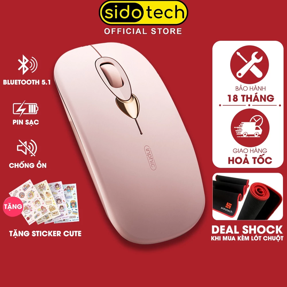 Chuột bluetooth không dây SIDOTECH Q8 hồng cute silent chống ồn pin sạc BT5.1 có chỉnh DPI cho laptop ipad táo macbook