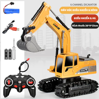 Xe Múc Điều Khiển Từ Xa, Xe Máy Xúc Điều Khiển Từ Xa, Xe Cuốc 6 Kênh Bánh Xích Cao Su, Pin Sạc