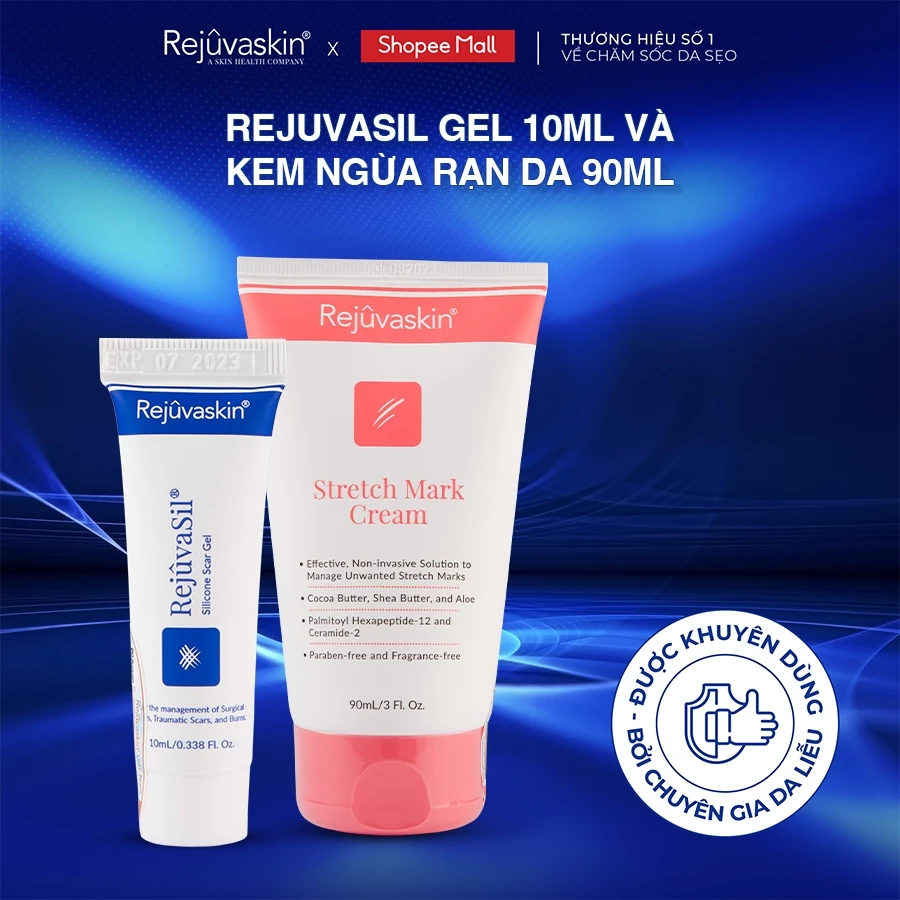 Combo chăm sóc da Rejuvaskin làm xẹp sẹo lồi, sẹo phì đại Silicone Rejuvasil Gel 10ml và làm mờ vết rạn da 90ml