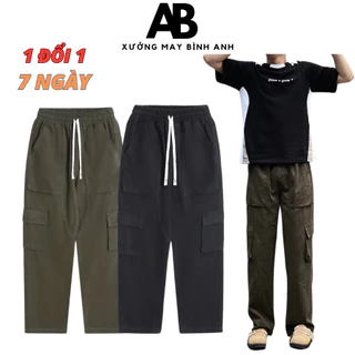 Quần Túi Hộp Cargo Pants Ống Suông Rộng Nam Nữ Chất Kaki Đanh Mịn Co Giãn Ba Màu Đen Xanh Kem Hàng Cao Cấp - Mã Q42