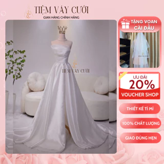 Váy Cưới Cô Dâu 💖Tặng Voan Cài Đầu💖 Đầm Cưới Cúp Ngực, Vải Phi, Xếp Ly, Dáng Xuông, TVC237