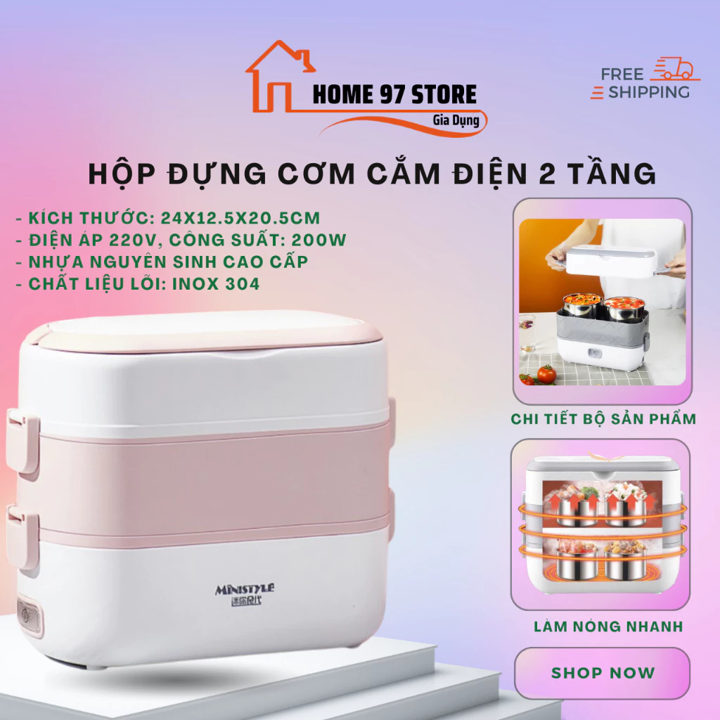 Hộp cơm cắm điện văn phòng 2 tầng 4 bát inox có chức năng giữ nhiệt, hâm nóng và tự nấu chín dễ mang theo