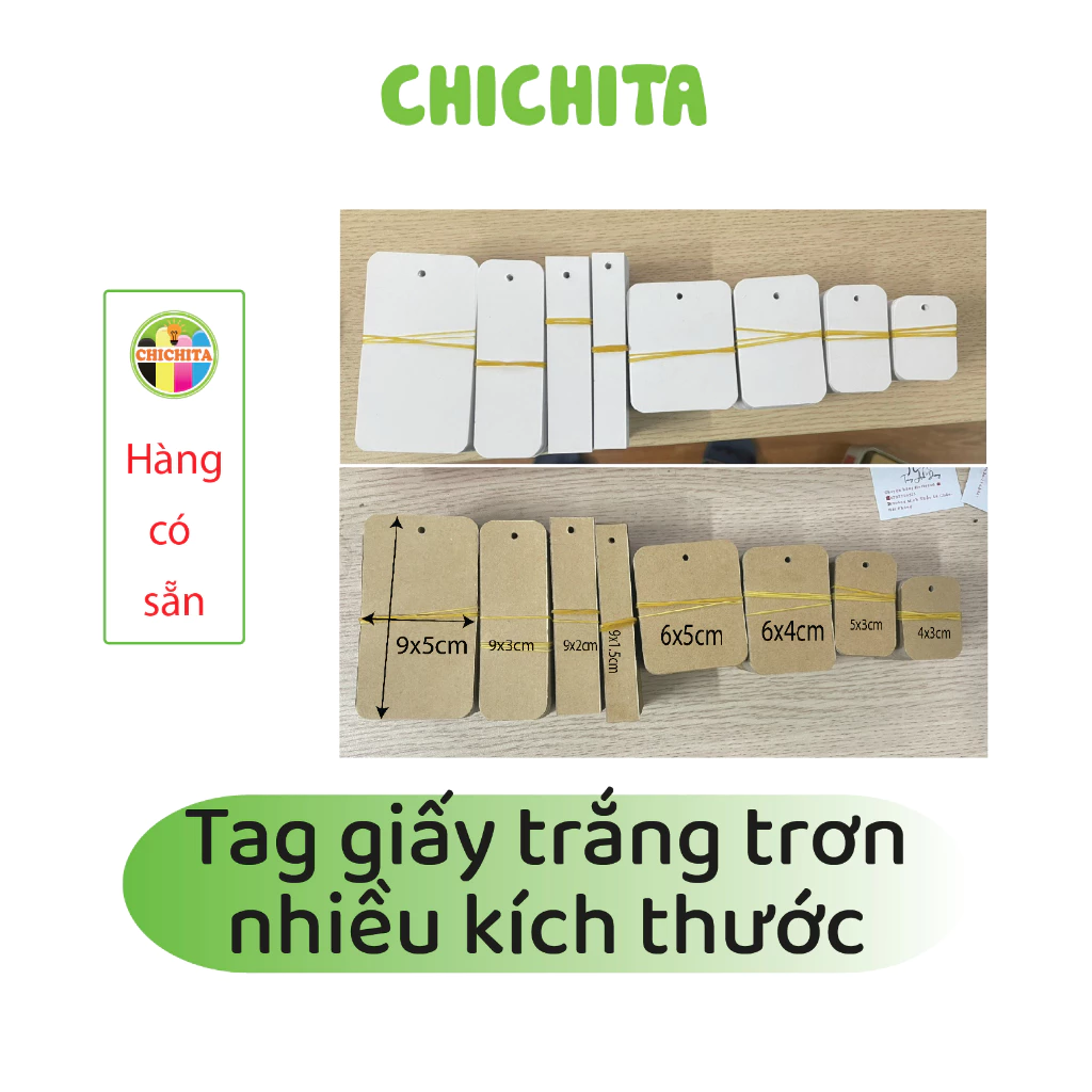 Set 10 (500 tag) giấy trắng trơn nhiều kích thước CHICHITA