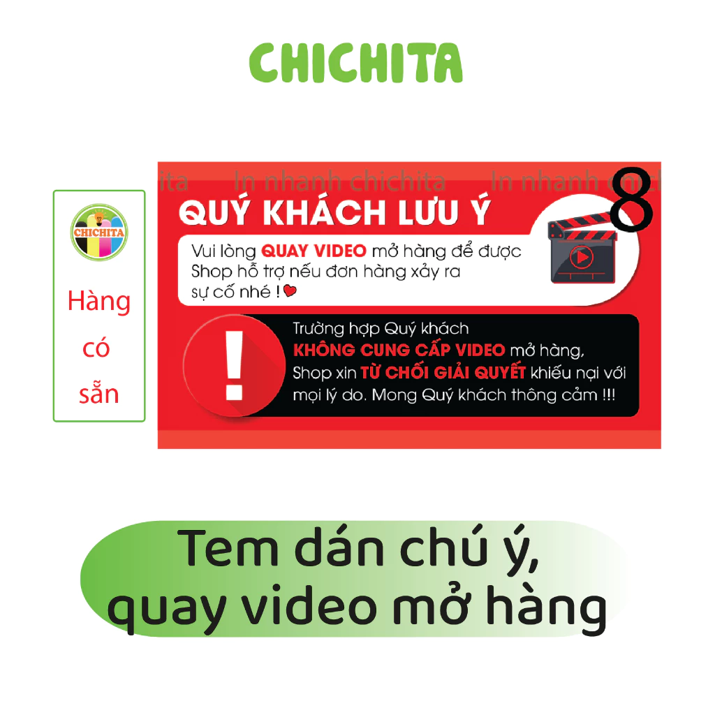 (Có sẵn) Tem dán Chú ý quay video trước khi mở hàng 9x5cm CHICHITA