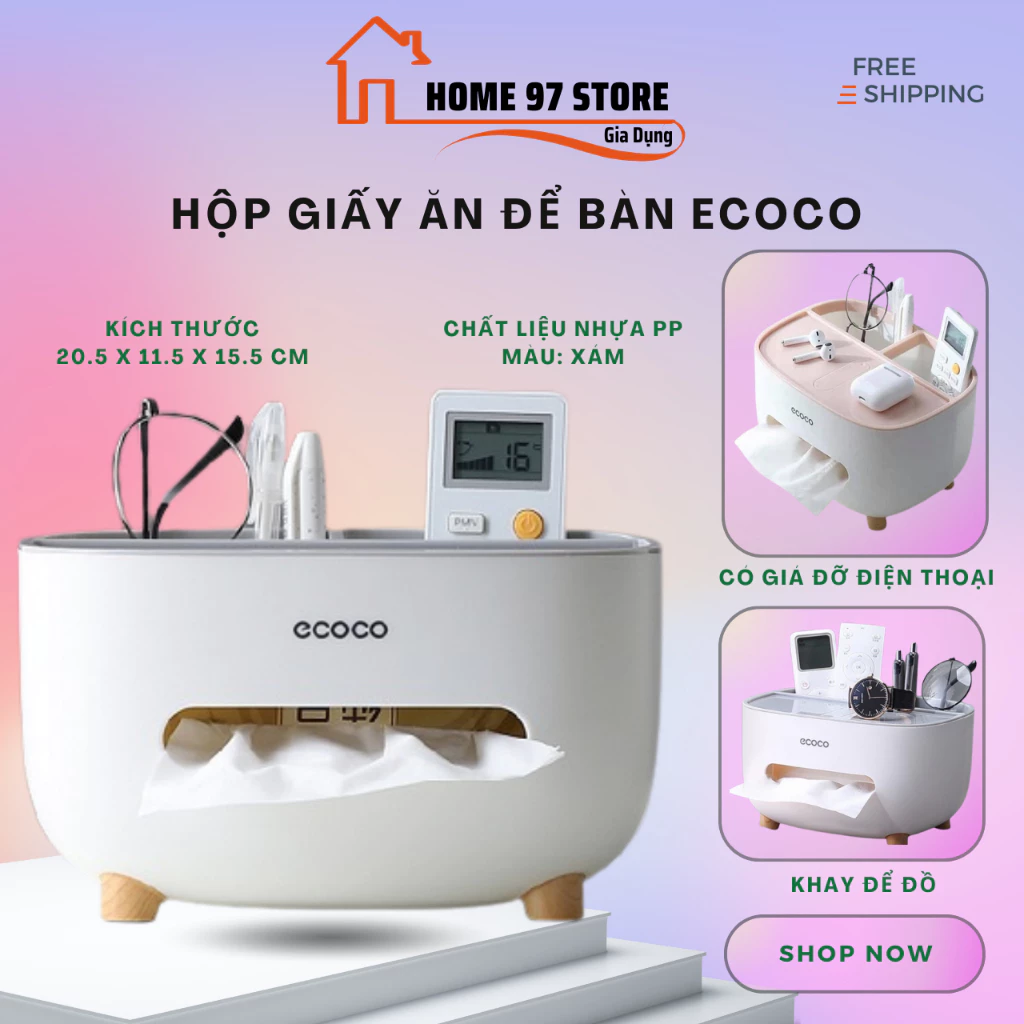 Hộp đựng giấy ăn Ecoco cao cấp, Hộp đựng giấy ăn kèm khay để điện thoại điều khiển tiện lợi