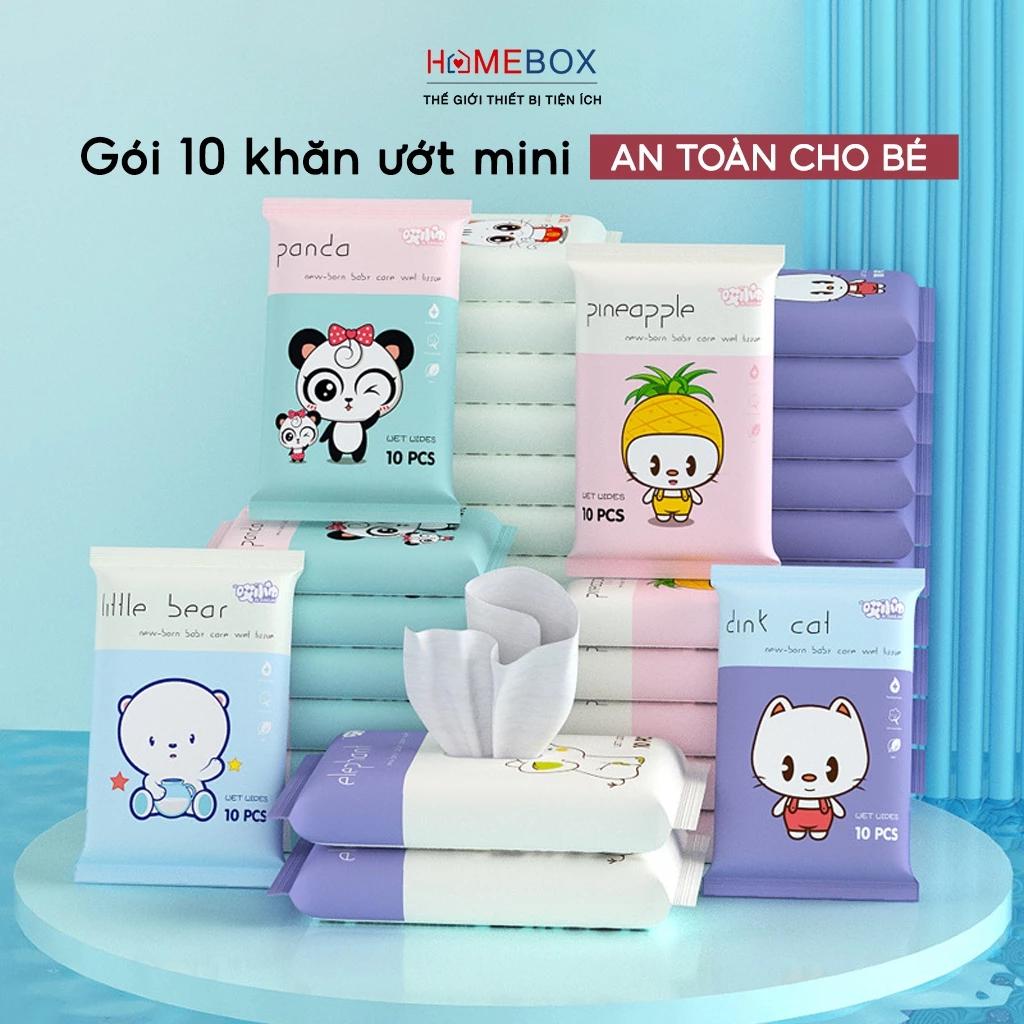 Gói 10 Khăn ướt mini dành cho em bé, Giấy ướt trẻ sơ sinh không cồn không Parabens Bỏ túi tiện lợi