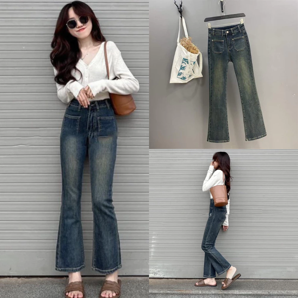 Quần jeans ống loe lưng cao túi trước vuông, quần bò nữ co giãn 4 chiều mài đùi siêu hack dáng mã QL16