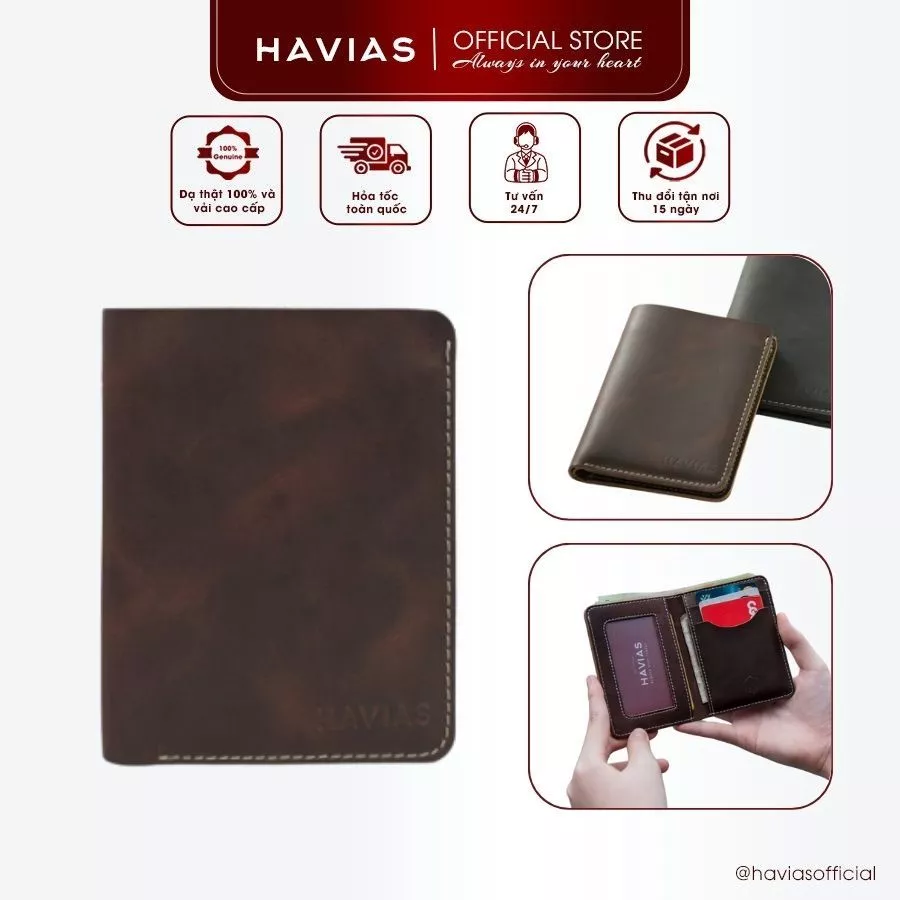 Ví Da Đứng HAVIAS Da Bò thật nhập khẩu mini ví da nam nữ thiết kế sang trọng VAMI
