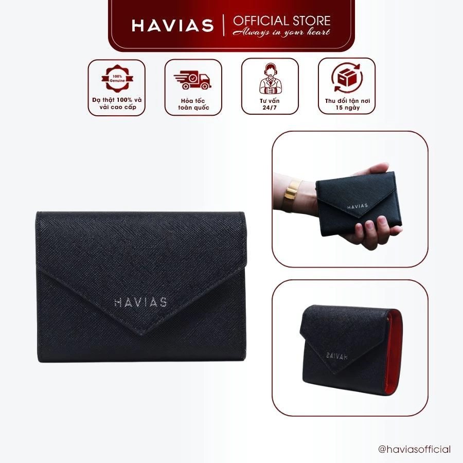 Ví Da HAVIAS Da Saffiano Ý nhập khẩu gập ba mini ví da nam nữ unisex nhỏ gọn HEART2