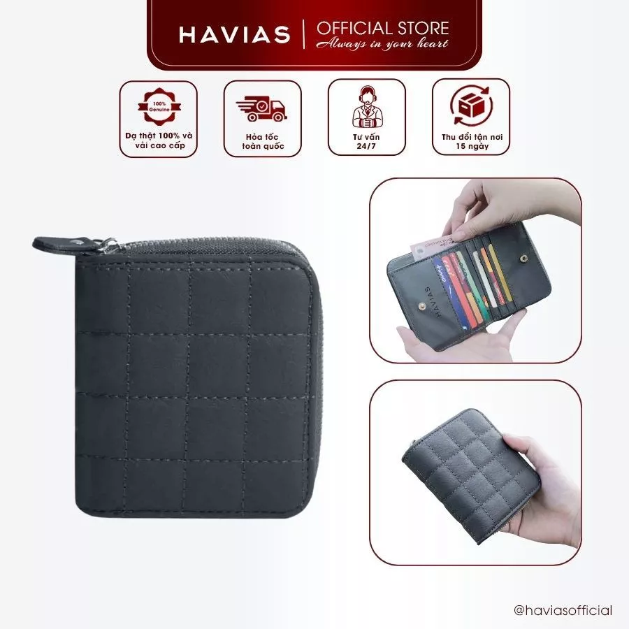 Ví Da gập đôi HAVIAS Da Bò thật Nappa khoá kéo Zipped SQUARE