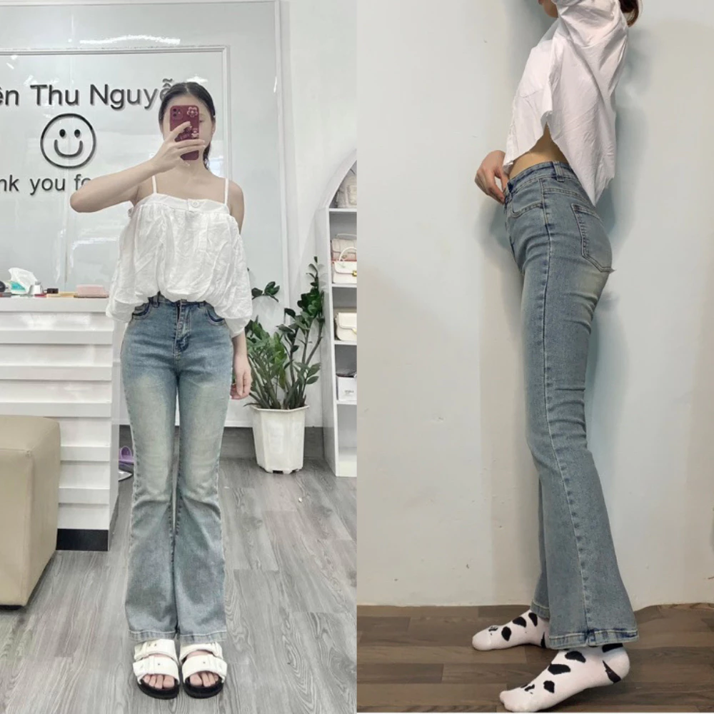 Quần jeans ống loe siêu co giãn, quần bò nữ loe màu bạc lưng cao tôn dáng mã QL19
