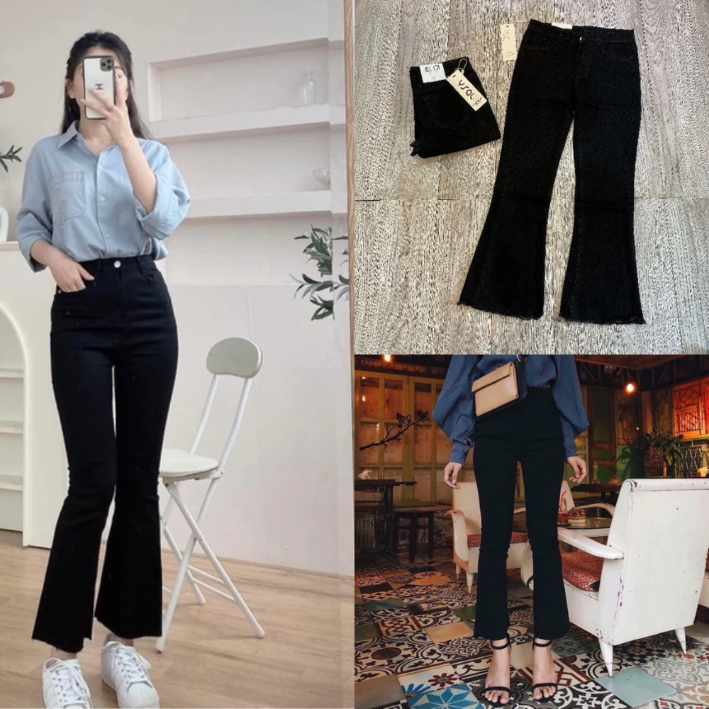 Quần jeans ống loe trơn đen kiểu dáng basic dễ phối đồ siêu hack dáng mã QL21