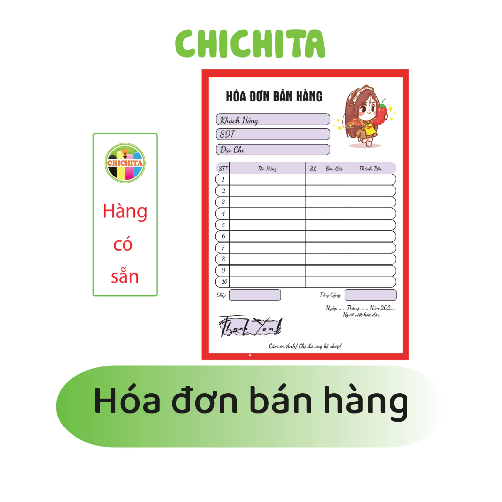 (Có sẵn) Set 50 tờ hóa đơn bán hàng 10x14cm CHICHITA