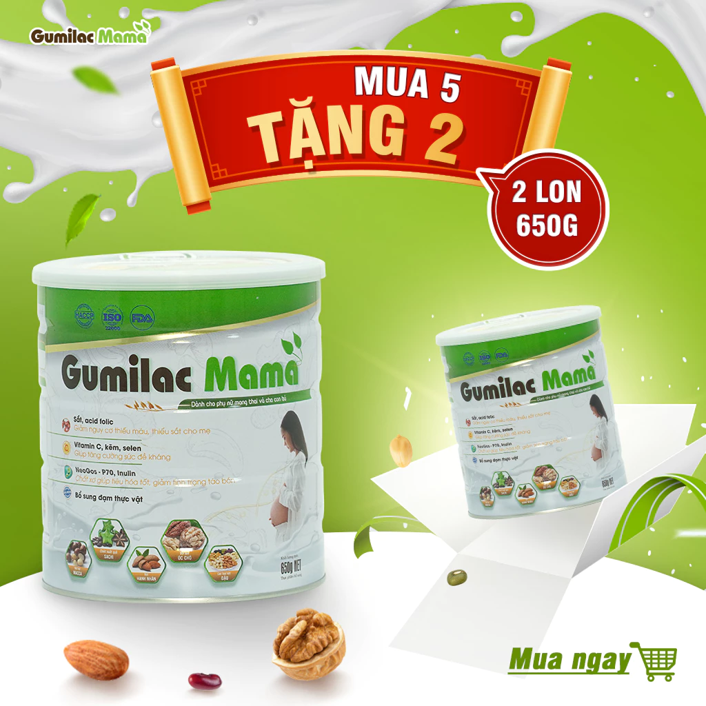 Sữa hạt Gumilac Mama 100% Đạm Thực Vật Dành Cho Mẹ Bầu - Mua 5 lon 650g tặng 2 lon 650g