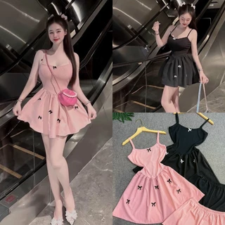 Set váy nữ váy 2 dây đính nơ xinh xắn kèm quần đùi cùng tone màu siêu sexy cho các nàng đi chơi, đi biển