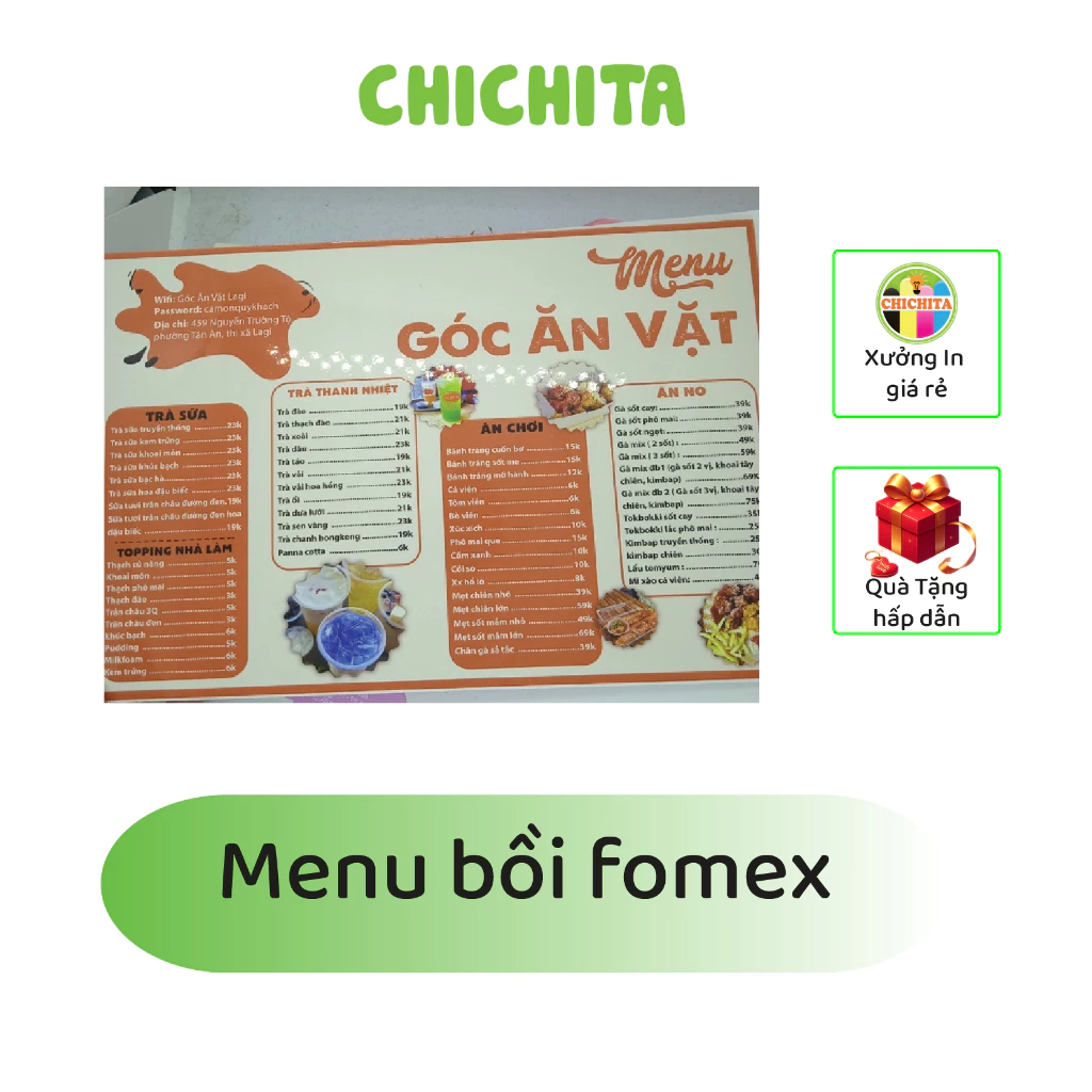 In menu bồi formex CHICHITA theo yêu cầu A4,A3 dầy 3mm (IN TỐI THIỂU 5 TẤM)