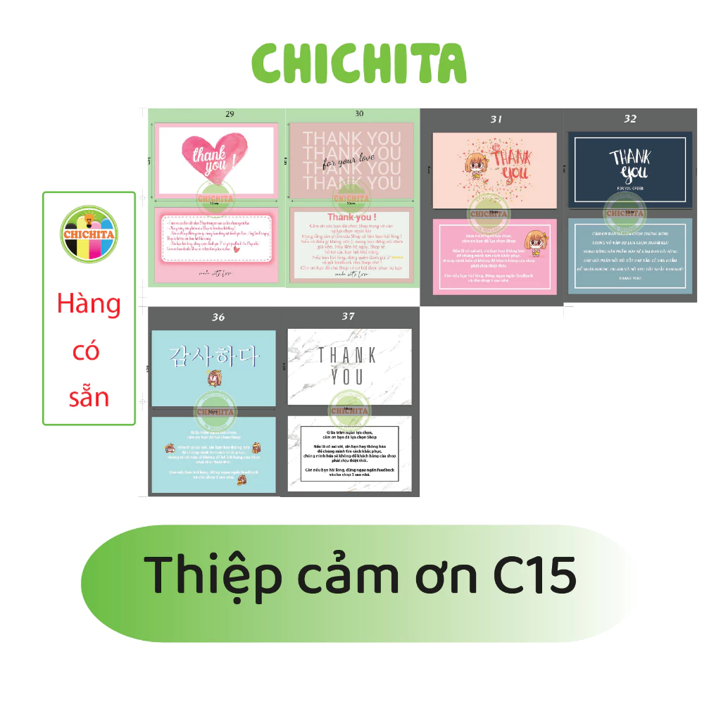"Có Sẵn" Card cảm ơn, thẻ cảm ơn hàng mỏng kích thước 10x6cm CHICHITA