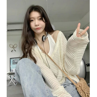 [FreeShip]Áo khoác len lưới cardigan dáng croptop tay dài, Áo cardigan dệt kim mỏng tay dài cổ chữ V dáng rộng - OKM08