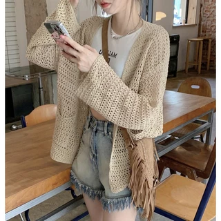 [FreeShip] Áo khoác len , khoác cardigan lưới dán dài 2 túi phong cách Hàn Quốc sang chảnh thời trang mùa hè OKM09