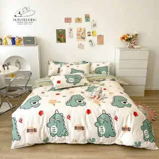 [ Sét 5 Món ] Bộ Chăn Ga Gối Cao Cấp NORI Cotton Poly Khủng Long Xanh Nhảy Múa - Mã KH37