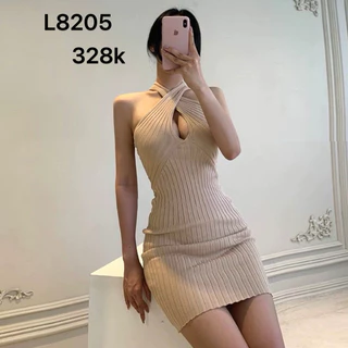 ( hàng có sẵn ) Đầm body len màu nude cổ yếm L8205 ( hàng QC)