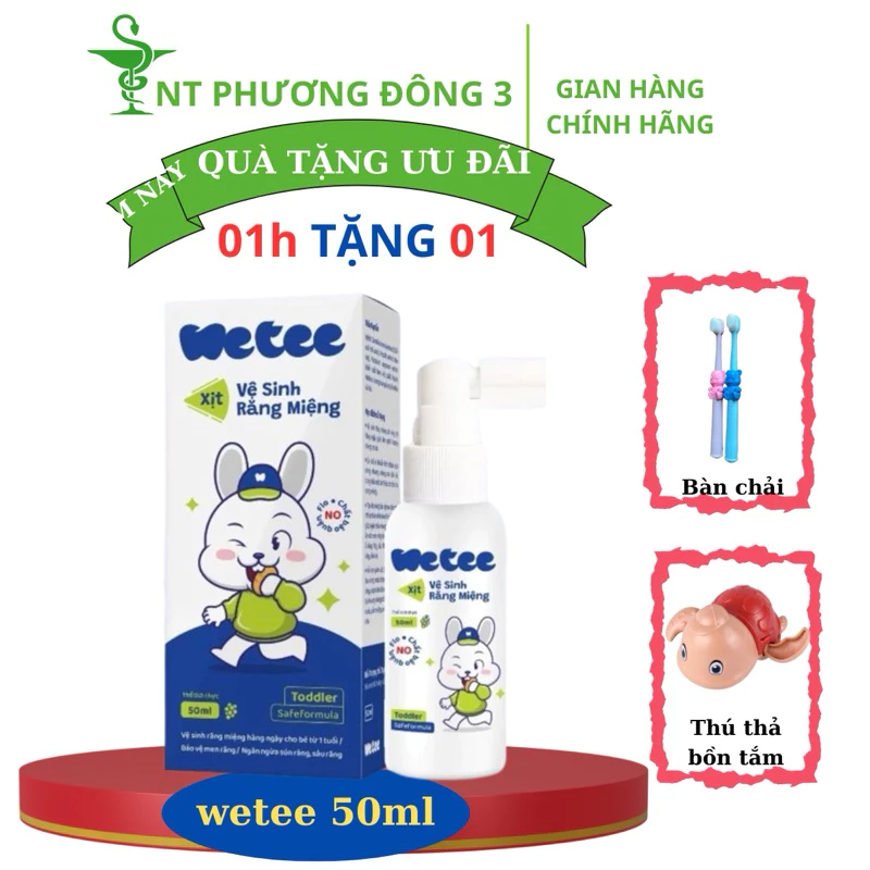 Mua 1 Tặng 1, Mua Xịt Vệ Sinh Răng Miệng Wetee Cho Bé Từ 1 Tuổi 50ml  Tặng 1 Xịt Vệ Sinh Răng Miệng Wetee 30ml Cùng Loại