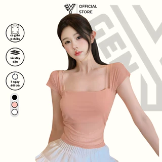 Áo lưới nữ tay ngắn GenY cổ phối dây mặc được 2 kiểu trễ vai màu hồng pastel áo kiểu ôm body C8