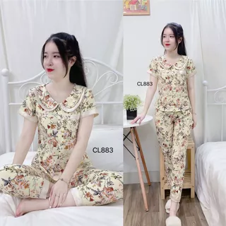 Đồ mặc nhà nữ cổ sen viền ren vàng, Set bộ pijama nữ cộc tay hàng thiết kế mềm mịn thấm hút tốt