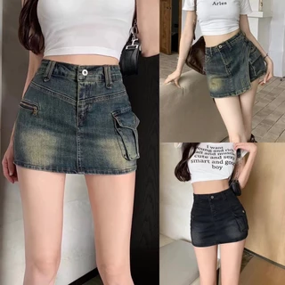 Chân váy jeans ngắn chữ A lưng cao, Quần Short Jean Giả Váy Cạp Cao