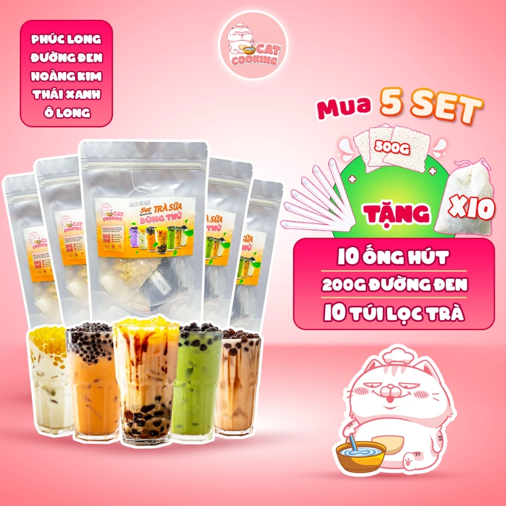 Combo 5 set trà sữa nhỏ Phúc Long, Thái Xanh, Đường Đen, Ô Long, Hoàng Kim - CATCOOKING