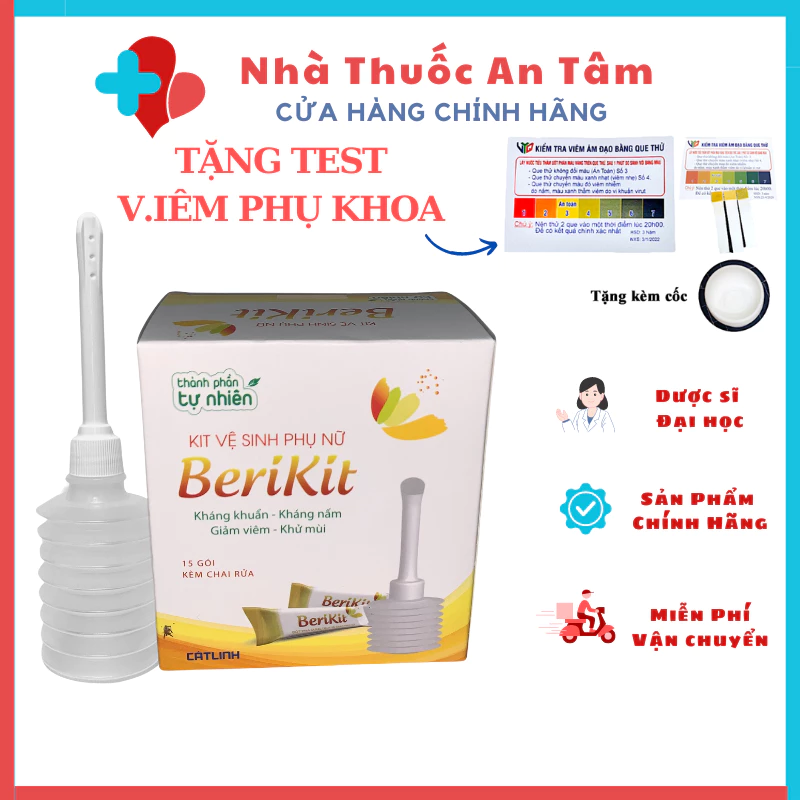 Bộ thụt rửa vệ sinh phụ nữ Berikit Cát Linh hộp gồm 15 gói muối pha kèm dụng cụ rửa