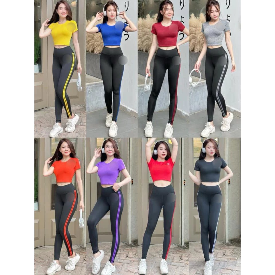 Quần áo tập gym yoga aerobic nữ - Bộ thể thao quần dài nữ áo Croptop co giãn 4 chiều